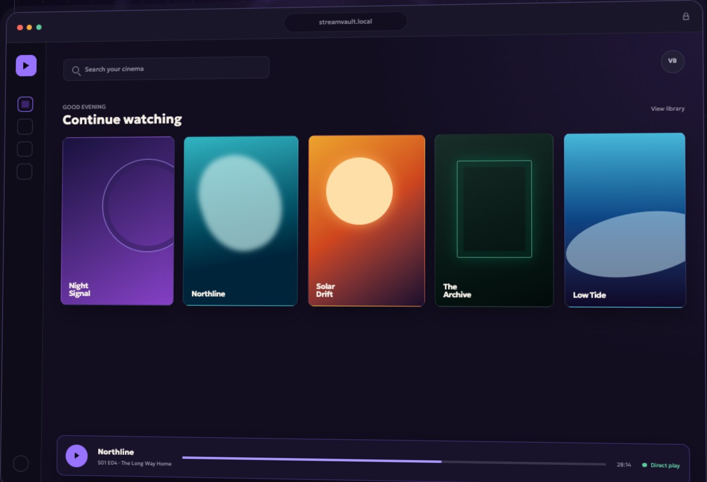 StreamVault in the browser: a continue watching row of five posters and a now-playing bar showing direct play